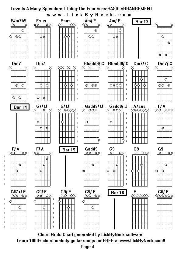 Chord Grids Chart of chord melody fingerstyle guitar song-Love Is A Many Splendored Thing-The Four Aces-BASIC ARRANGEMENT,generated by LickByNeck software.